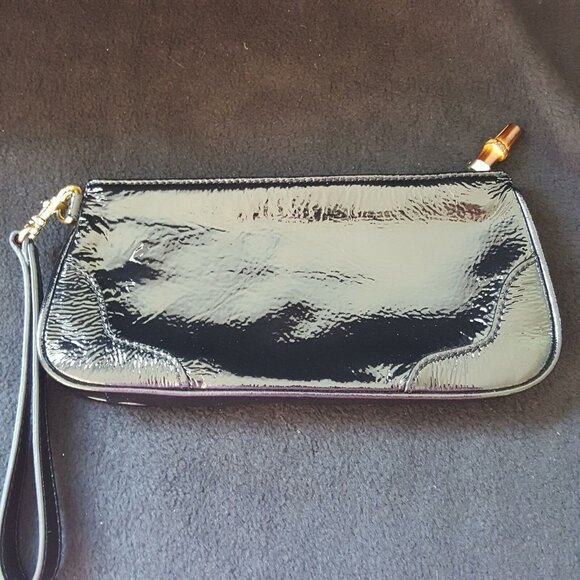 Talbots Womens Pocketbook Black Patent Leather Tortoise Pull Purse Wristlet Zip - Picture 4 of 6